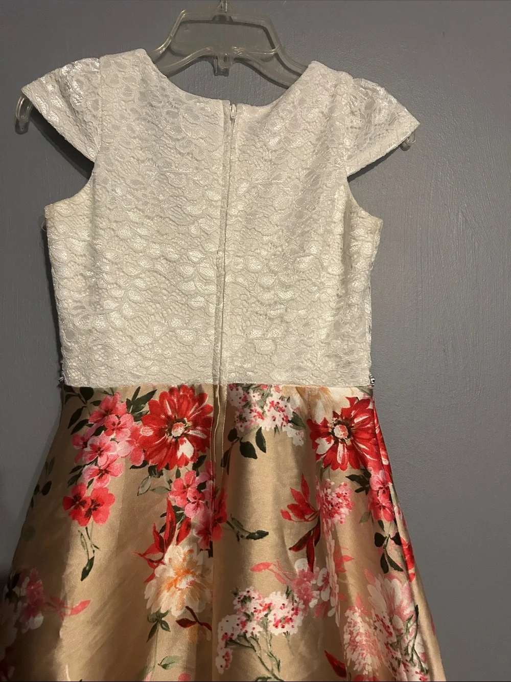 Rare Editions White Lace Bodice Gold Floral High-Low Dress